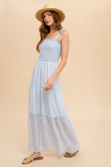 Blue Tie Shoulder Smock Tiered Check Chiffon Dress