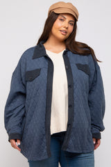 Navy Blue Colorblock Quilted Plus Shirt Jacket