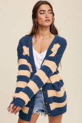 Navy Blue Striped Fuzzy Maternity Cardigan