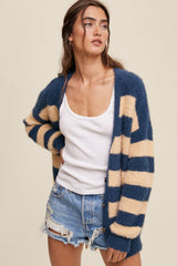 Navy Blue Striped Fuzzy Cardigan