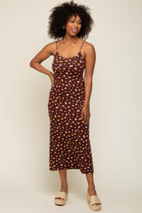 Brown Floral Sleeveless Midi Dress