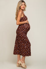 Brown Floral Sleeveless Maternity Midi Dress