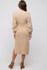 Beige Side Slit Sweater Midi Dress