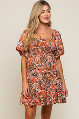 Rust Palm Print Smocked Short Sleeve Maternity Dress