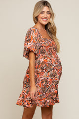 Rust Palm Print Smocked Short Sleeve Maternity Dress