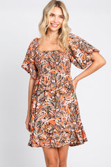 Rust Palm Print Smocked Short Sleeve Maternity Dress