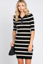 Black Striped Rib Knit Collared Dress