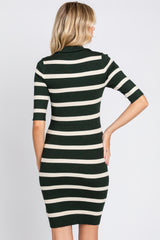 Olive Striped Rib Knit Collared Dress