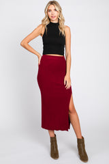 Burgundy Ribbed Knit Slit Midi Skirt