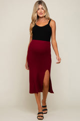 Burgundy Ribbed Knit Slit Maternity Midi Skirt