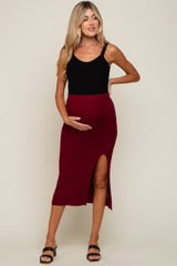 Burgundy Ribbed Knit Slit Maternity Midi Skirt