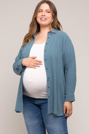 Teal Pinstriped Button-Down Linen Maternity Plus Tunic