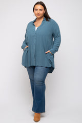 Teal Pinstriped Button-Down Linen Plus Tunic