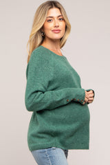 Green Button Accent Solid Maternity Sweater