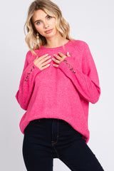 Fuchsia Button Accent Solid Sweater