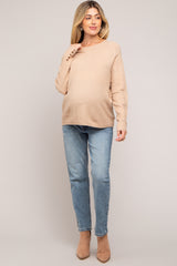 Beige Button Accent Solid Maternity Sweater