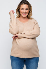 Beige Button Accent Solid Maternity Plus Size Sweater