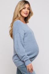 Blue Fuzzy Knit Boat Neck Maternity Sweater