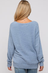 Blue Fuzzy Knit Boat Neck Maternity Sweater