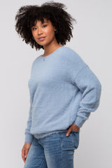 Blue Fuzzy Knit Boat Neck Sweater