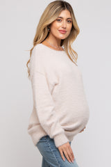 Ivory Fuzzy Knit Boat Neck Maternity Sweater