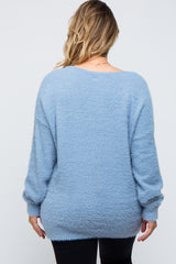 Blue Fuzzy Knit Boat Neck Maternity Plus Sweater