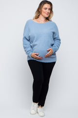 Blue Fuzzy Knit Boat Neck Maternity Plus Sweater