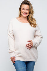 Ivory Fuzzy Knit Boat Neck Maternity Plus Sweater