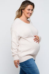 Ivory Fuzzy Knit Boat Neck Maternity Plus Sweater