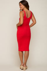 Red Textured Knit Sleeveless Maternity Midi Dress