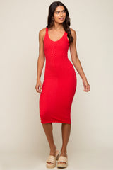 Red Textured Knit Sleeveless Maternity Midi Dress