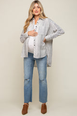 White Textured Stripe Button Down Hi-Low Maternity Top