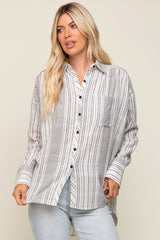 White Textured Stripe Button Down Hi-Low Top