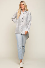 White Textured Stripe Button Down Hi-Low Top