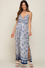 Navy Blue Floral Border Print Front Twist Maternity Maxi Dress