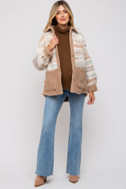 Beige Striped Fuzzy Knit Teddy Maternity Jacket