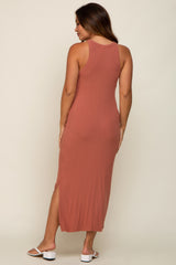 Rust Sleeveless Ribbed Side Slit Maternity Maxi Dress