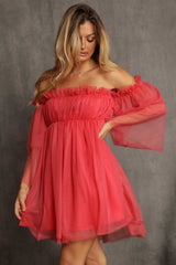 Coral Off Shoulder Tulle Dress