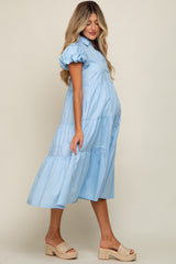 Light Blue Puff Sleeve Button Down Maternity Midi Dress