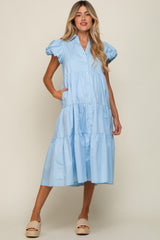 Light Blue Puff Sleeve Button Down Maternity Midi Dress