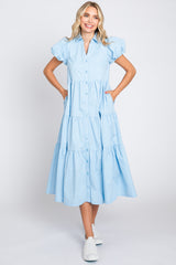 Light Blue Puff Sleeve Button Down Maternity Midi Dress