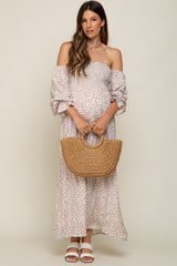 Cream Floral Square Neck Smocked Long Sleeve Maternity Maxi Dress