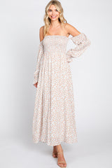 Cream Floral Square Neck Smocked Long Sleeve Maternity Maxi Dress