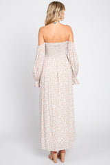 Cream Floral Square Neck Smocked Long Sleeve Maxi Dress