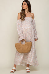 Cream Floral Square Neck Smocked Long Sleeve Maternity Maxi Dress