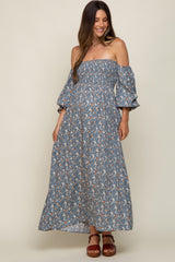 Blue Floral Square Neck Smocked Long Sleeve Maternity Maxi Dress