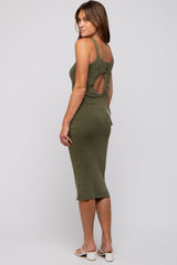 Olive Rib Knit Lace Up Back Midi Dress