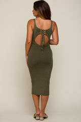 Olive Rib Knit Lace Up Back Maternity Midi Dress