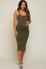 Olive Rib Knit Lace Up Back Maternity Midi Dress