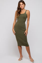 Olive Rib Knit Lace Up Back Midi Dress